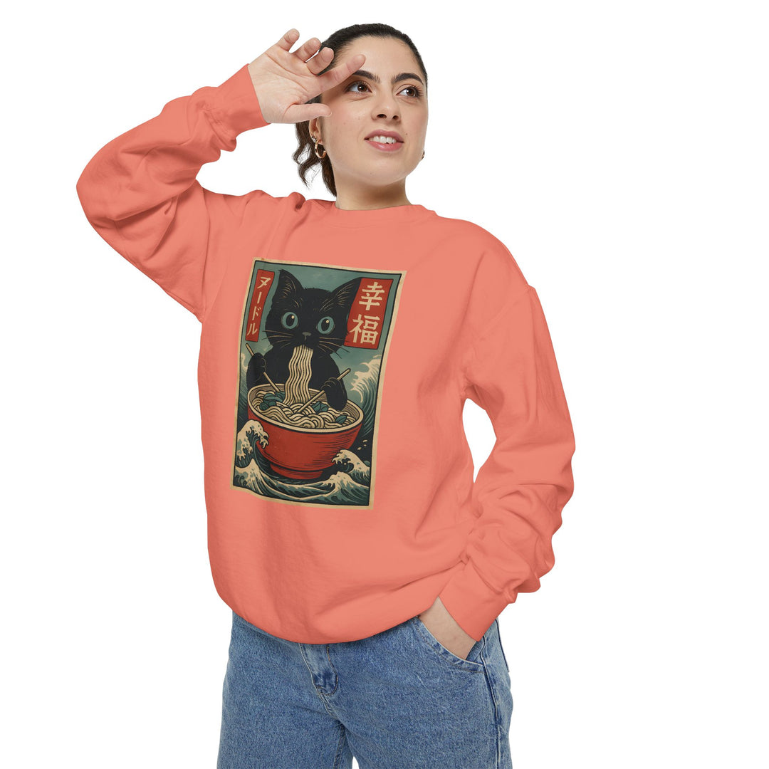 Japanese-Inspired Cat Sweatshirt Featuring a Black Cat Eating Ramen in a Classic Ukiyo-e Woodblock Art Style Cozy Unisex Sweater Cute Gift for Cat Lovers Casual Lounge Wear Perfect for Fall