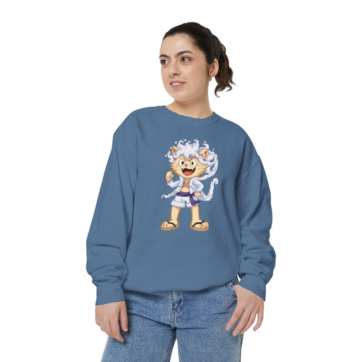 Cute Cat Character Sweatshirt Featuring a Whimsical Feline in a Cheerful Anime Inspired Pose for Fans of Unique Graphics Animal Lover Apparel Fun Fashion Casual Wear