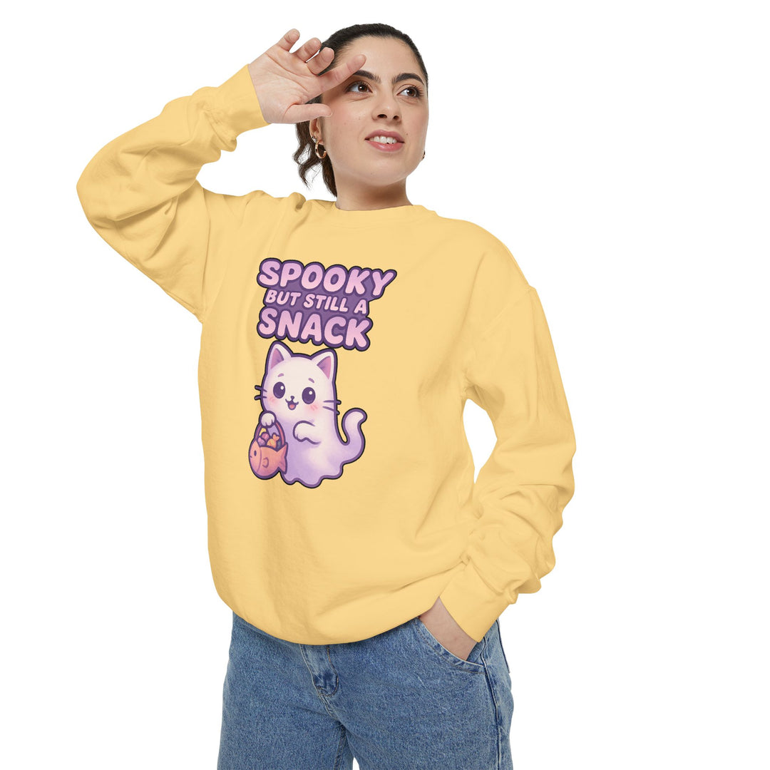 Spooky Snack Sweatshirt Featuring a Cute Ghost Cat Holding a Candy Basket with a Humorous Slogan