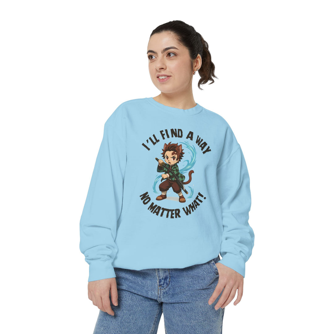 Motivational Unisex Sweatshirt with an Anime-Inspired Cat Demon Slayer and the Slogan "I'll Find a Way No Matter What Inspirational Gift Cozy Fashion Everyday Wear Unique Statement Piece