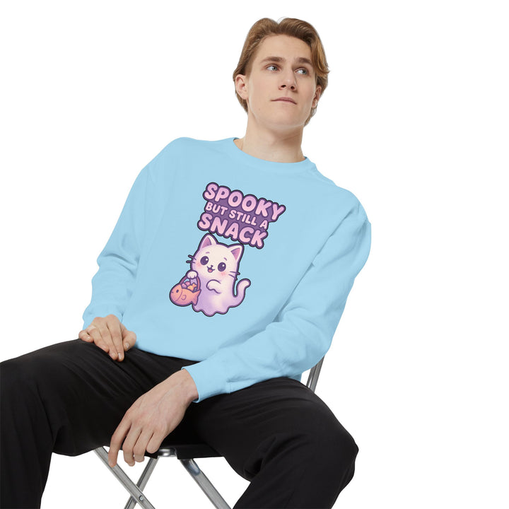 Spooky Snack Sweatshirt Featuring a Cute Ghost Cat Holding a Candy Basket with a Humorous Slogan