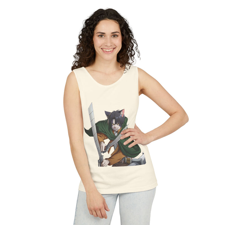 Anime Cat Warrior Tank Top, Unisex Graphic Tee, Cute Anime Apparel, Summer Fashion, Gift for Anime Fans