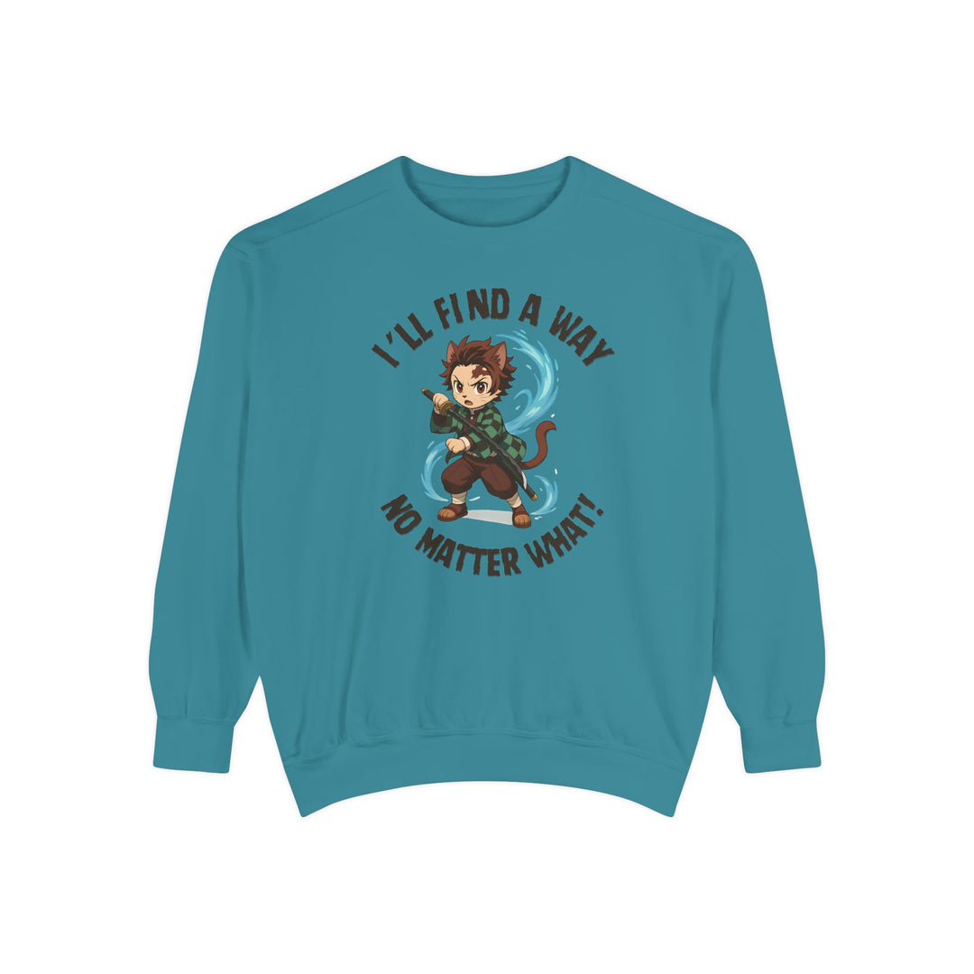 Motivational Unisex Sweatshirt with an Anime-Inspired Cat Demon Slayer and the Slogan "I'll Find a Way No Matter What Inspirational Gift Cozy Fashion Everyday Wear Unique Statement Piece