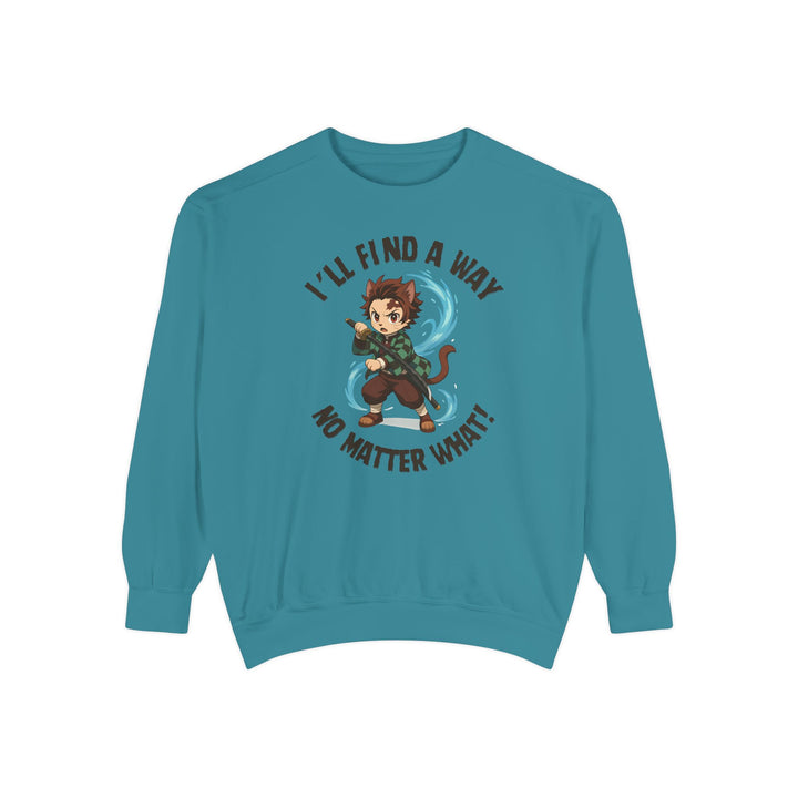 Motivational Unisex Sweatshirt with an Anime-Inspired Cat Demon Slayer and the Slogan "I'll Find a Way No Matter What Inspirational Gift Cozy Fashion Everyday Wear Unique Statement Piece
