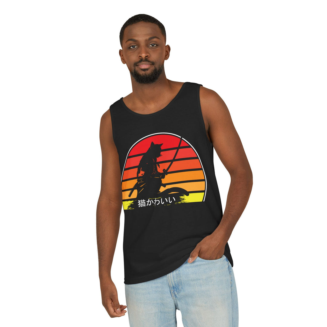 Sunset Cat Tank Top, Unisex Summer Top, Beachwear, Casual Workout Shirt, Gift for Cat Lovers