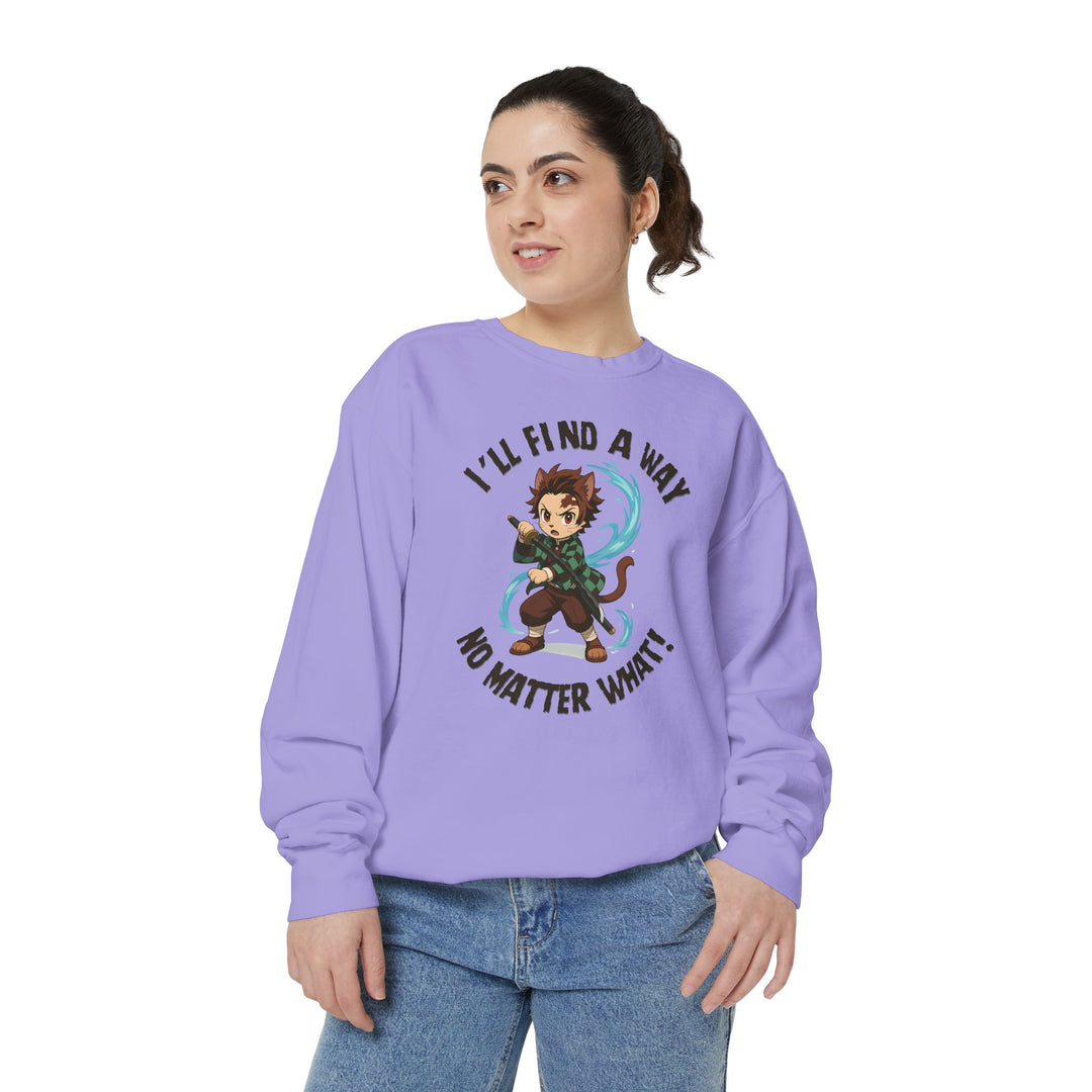Motivational Unisex Sweatshirt with an Anime-Inspired Cat Demon Slayer and the Slogan "I'll Find a Way No Matter What Inspirational Gift Cozy Fashion Everyday Wear Unique Statement Piece