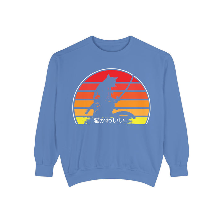 Sunset Samurai Sweatshirt | Cozy Unisex Garment-Dyed Pullover, Gift for Anime Lovers, Japanese Aesthetic Apparel, Fall Fashion, Casual Wear