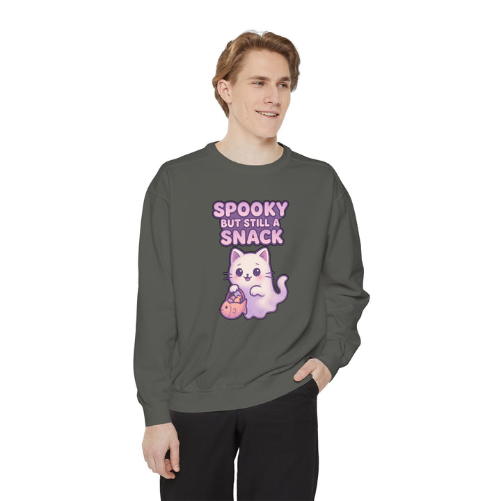 Spooky Snack Sweatshirt Featuring a Cute Ghost Cat Holding a Candy Basket with a Humorous Slogan