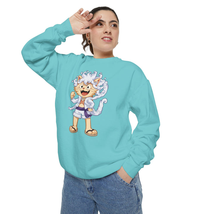 Cute Cat Character Sweatshirt Featuring a Whimsical Feline in a Cheerful Anime Inspired Pose for Fans of Unique Graphics Animal Lover Apparel Fun Fashion Casual Wear