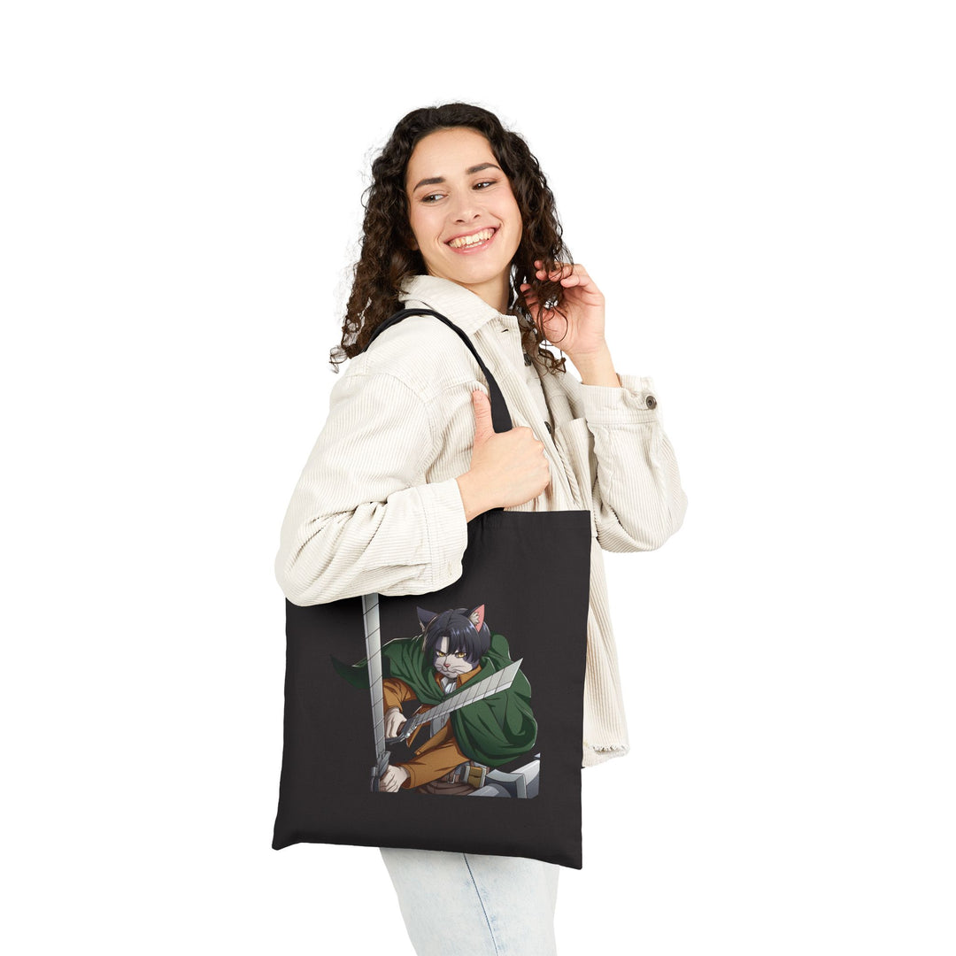 Cute Cat Warrior Cotton Canvas Tote Bag, Eco-Friendly Shopping Tote, Anime Tote, Cute Gift for Pet Lovers, Durable Shoulder Bag