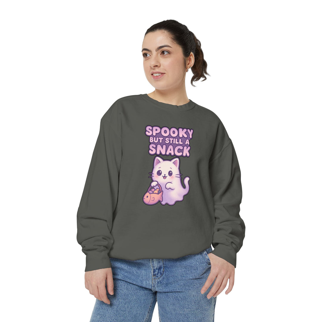 Spooky Snack Sweatshirt Featuring a Cute Ghost Cat Holding a Candy Basket with a Humorous Slogan