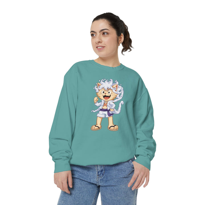 Cute Cat Character Sweatshirt Featuring a Whimsical Feline in a Cheerful Anime Inspired Pose for Fans of Unique Graphics Animal Lover Apparel Fun Fashion Casual Wear