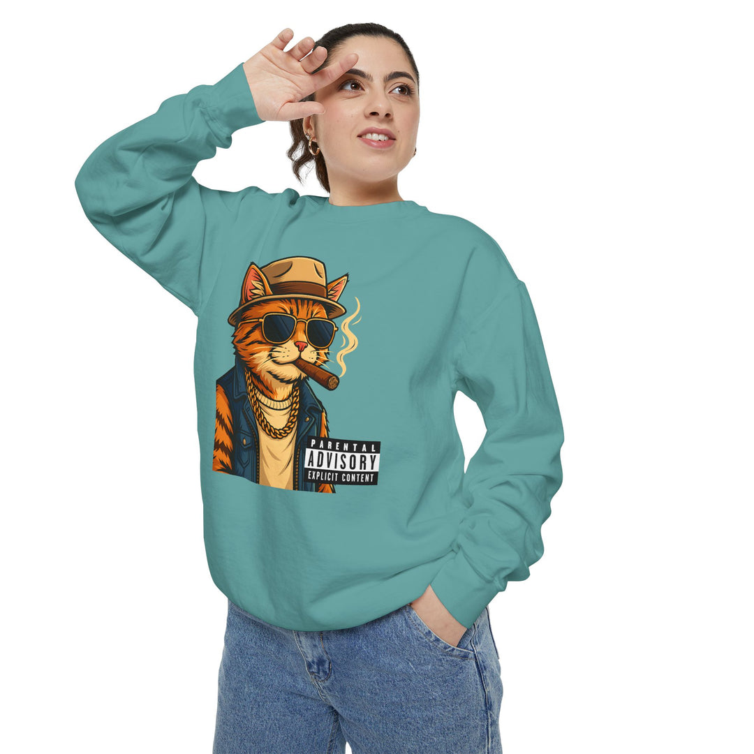 Cool Cat Vintage Sweatshirt with a Black Cat Eating Ramen in a Japanese Ukiyo-e Woodblock Art Style