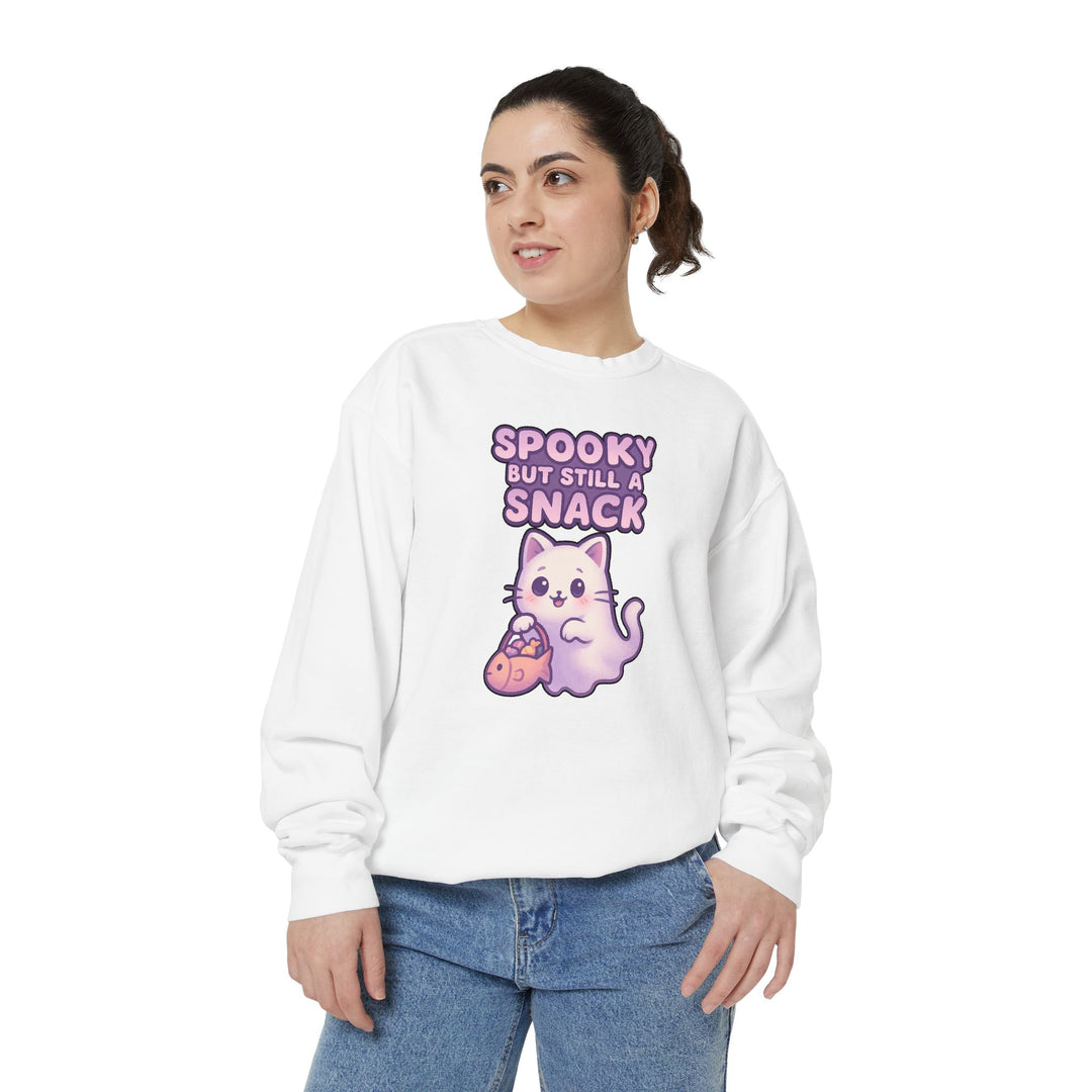 Spooky Snack Sweatshirt Featuring a Cute Ghost Cat Holding a Candy Basket with a Humorous Slogan