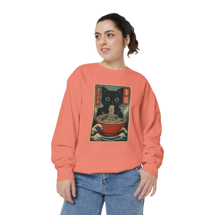 Japanese-Inspired Cat Sweatshirt Featuring a Black Cat Eating Ramen in a Classic Ukiyo-e Woodblock Art Style Cozy Unisex Sweater Cute Gift for Cat Lovers Casual Lounge Wear Perfect for Fall