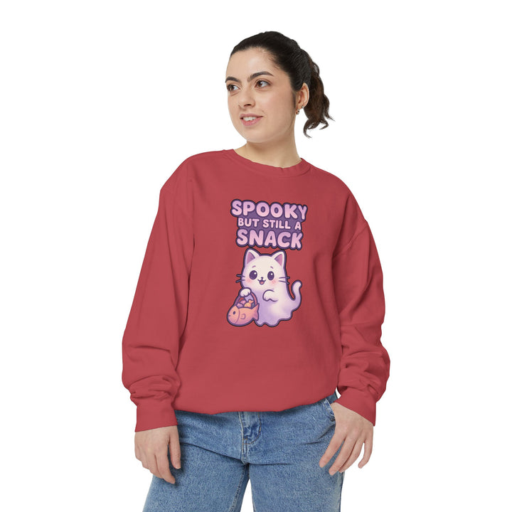 Spooky Snack Sweatshirt Featuring a Cute Ghost Cat Holding a Candy Basket with a Humorous Slogan
