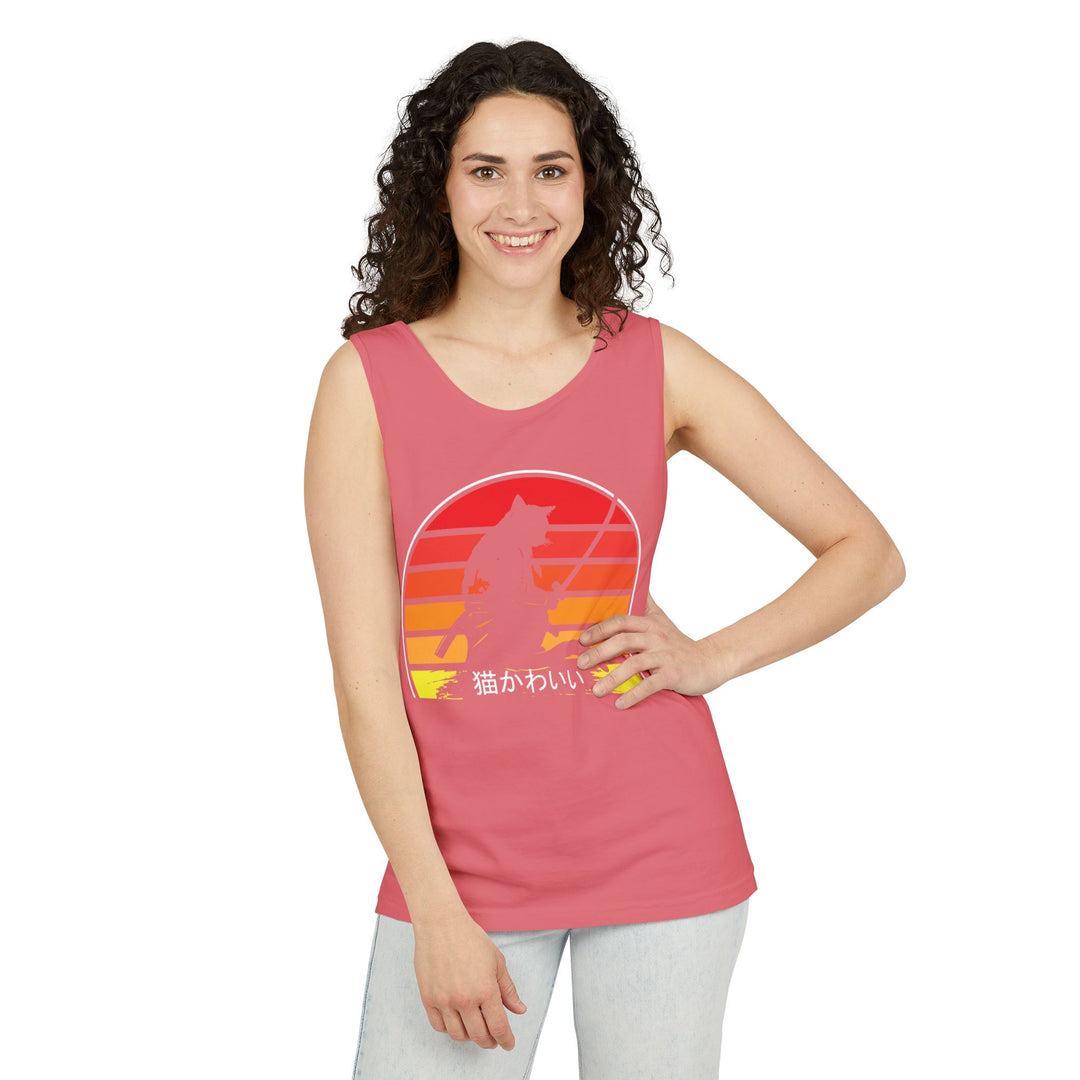 Sunset Cat Tank Top, Unisex Summer Top, Beachwear, Casual Workout Shirt, Gift for Cat Lovers