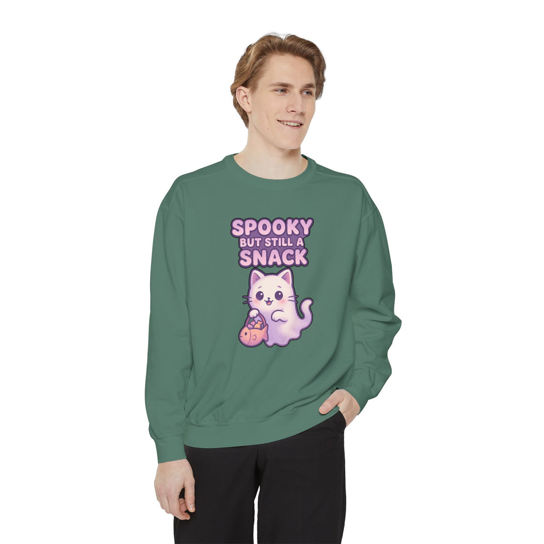 Spooky Snack Sweatshirt Featuring a Cute Ghost Cat Holding a Candy Basket with a Humorous Slogan