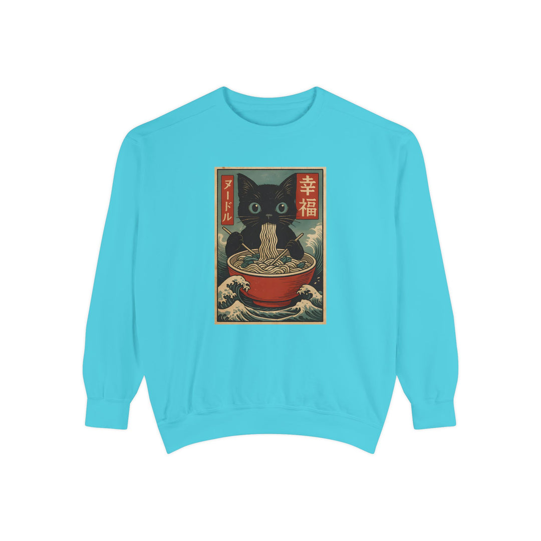 Japanese-Inspired Cat Sweatshirt Featuring a Black Cat Eating Ramen in a Classic Ukiyo-e Woodblock Art Style Cozy Unisex Sweater Cute Gift for Cat Lovers Casual Lounge Wear Perfect for Fall