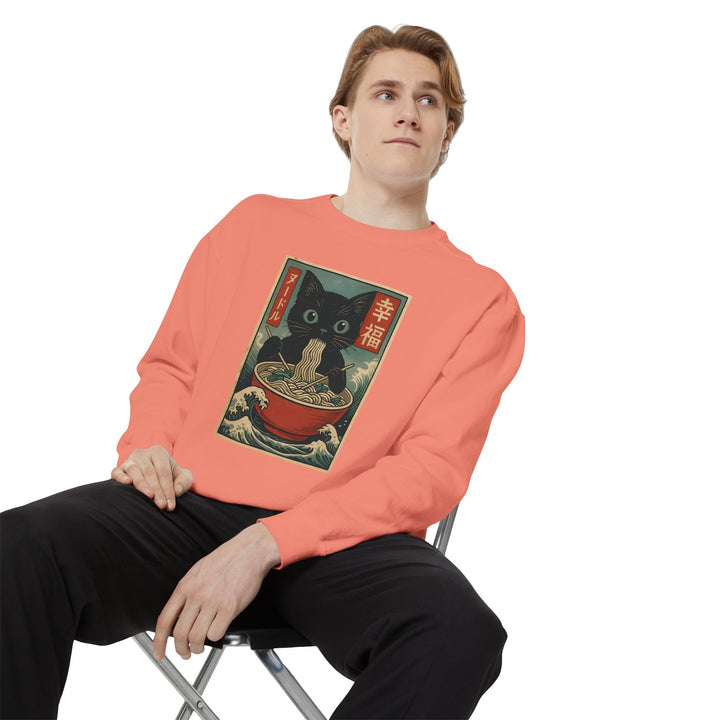 Japanese-Inspired Cat Sweatshirt Featuring a Black Cat Eating Ramen in a Classic Ukiyo-e Woodblock Art Style Cozy Unisex Sweater Cute Gift for Cat Lovers Casual Lounge Wear Perfect for Fall