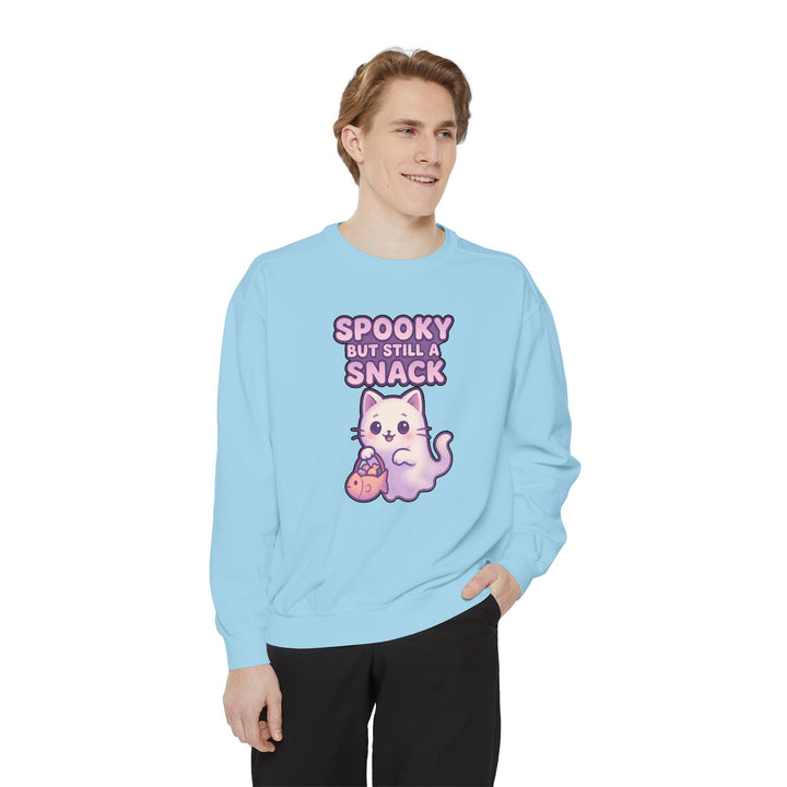 Spooky Snack Sweatshirt Featuring a Cute Ghost Cat Holding a Candy Basket with a Humorous Slogan