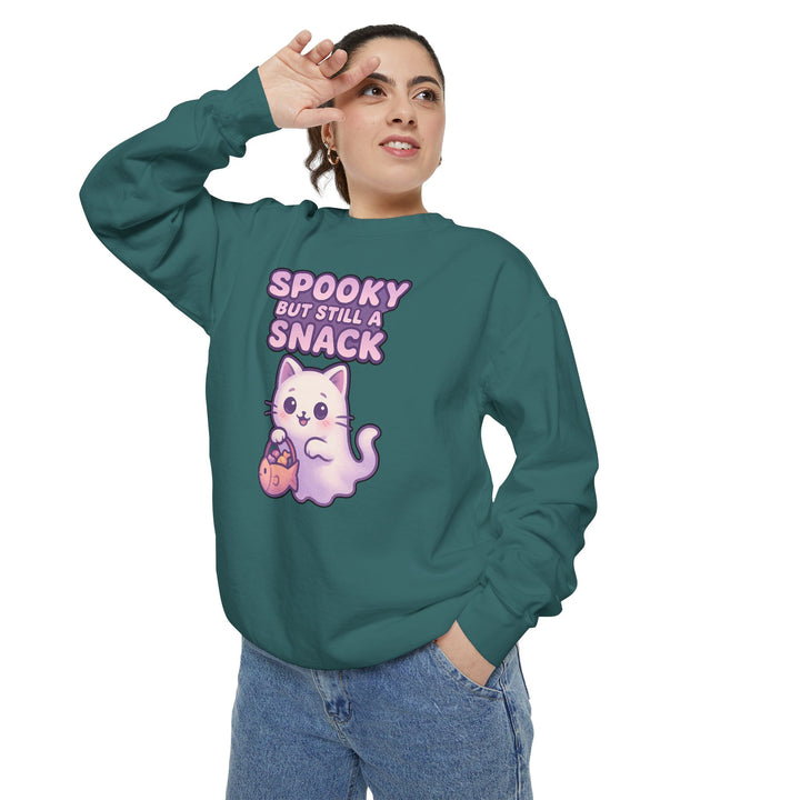 Spooky Snack Sweatshirt Featuring a Cute Ghost Cat Holding a Candy Basket with a Humorous Slogan