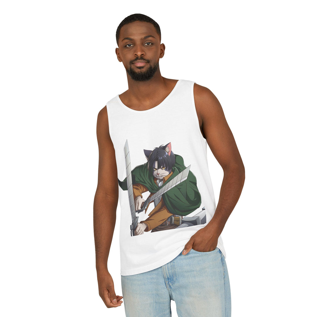 Anime Cat Warrior Tank Top, Unisex Graphic Tee, Cute Anime Apparel, Summer Fashion, Gift for Anime Fans