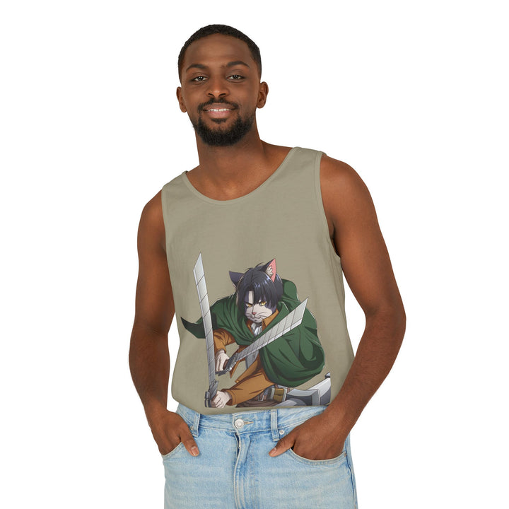 Anime Cat Warrior Tank Top, Unisex Graphic Tee, Cute Anime Apparel, Summer Fashion, Gift for Anime Fans