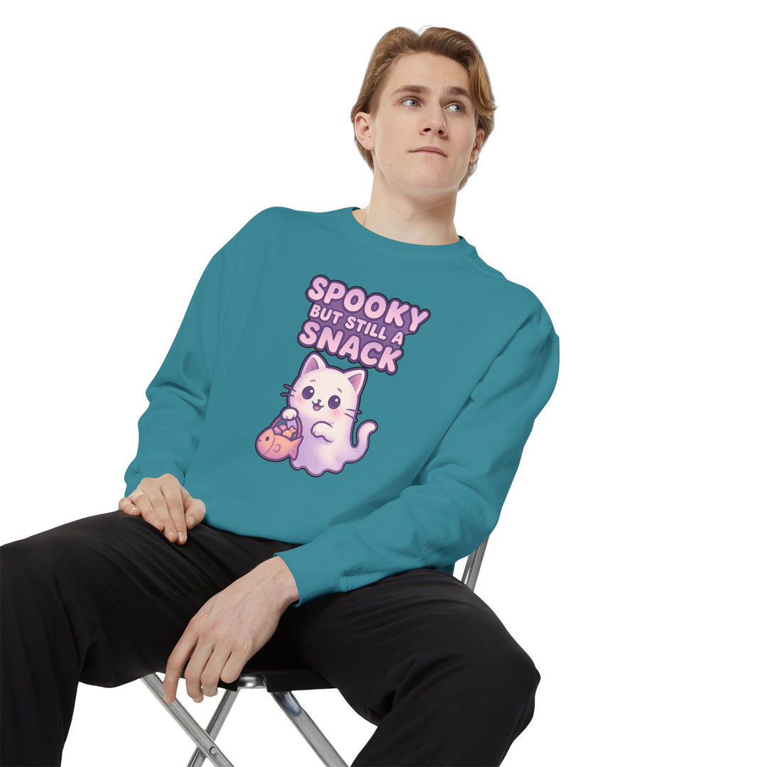 Spooky Snack Sweatshirt Featuring a Cute Ghost Cat Holding a Candy Basket with a Humorous Slogan