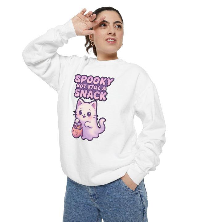 Spooky Snack Sweatshirt Featuring a Cute Ghost Cat Holding a Candy Basket with a Humorous Slogan