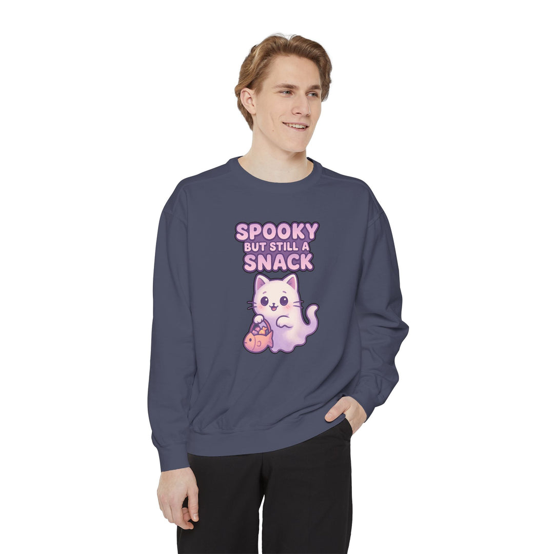 Spooky Snack Sweatshirt Featuring a Cute Ghost Cat Holding a Candy Basket with a Humorous Slogan