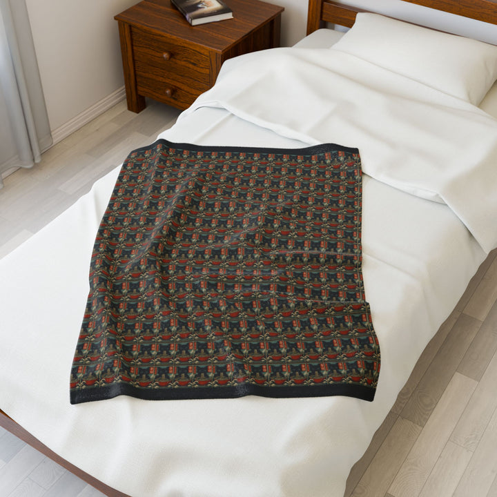 Velveteen Plush Blanket Featuring a Repeating Pattern of a Black Cat Eating Ramen in Ukiyo-e Style