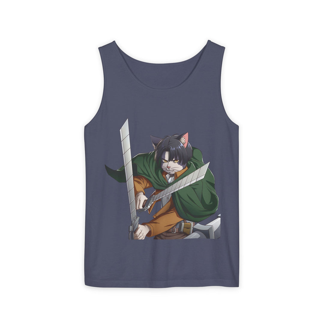 Anime Cat Warrior Tank Top, Unisex Graphic Tee, Cute Anime Apparel, Summer Fashion, Gift for Anime Fans