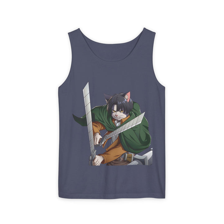 Anime Cat Warrior Tank Top, Unisex Graphic Tee, Cute Anime Apparel, Summer Fashion, Gift for Anime Fans