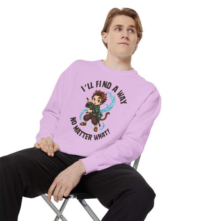 Motivational Unisex Sweatshirt with an Anime-Inspired Cat Demon Slayer and the Slogan "I'll Find a Way No Matter What Inspirational Gift Cozy Fashion Everyday Wear Unique Statement Piece