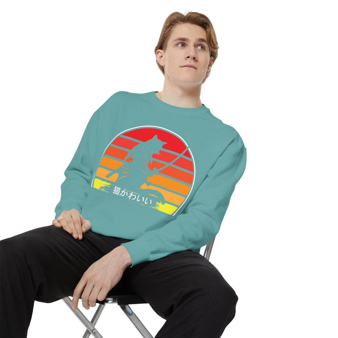 Sunset Samurai Sweatshirt | Cozy Unisex Garment-Dyed Pullover, Gift for Anime Lovers, Japanese Aesthetic Apparel, Fall Fashion, Casual Wear