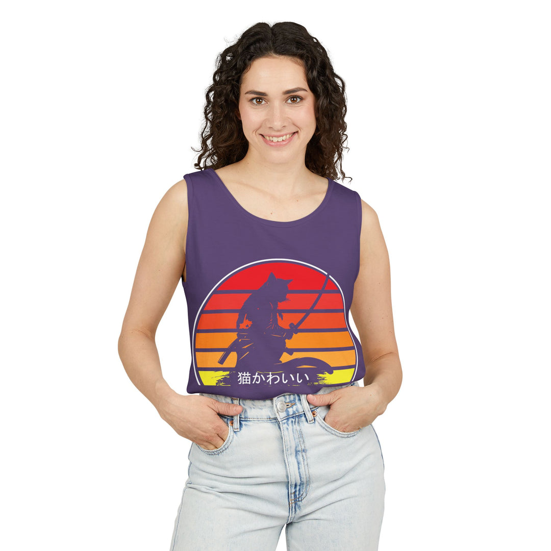 Sunset Cat Tank Top, Unisex Summer Top, Beachwear, Casual Workout Shirt, Gift for Cat Lovers