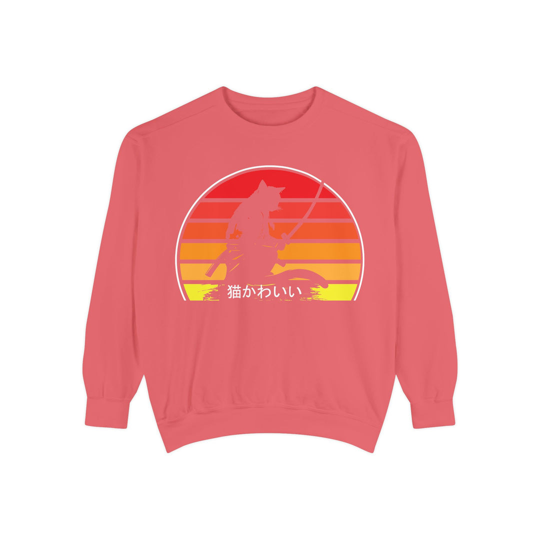 Sunset Samurai Sweatshirt | Cozy Unisex Garment-Dyed Pullover, Gift for Anime Lovers, Japanese Aesthetic Apparel, Fall Fashion, Casual Wear