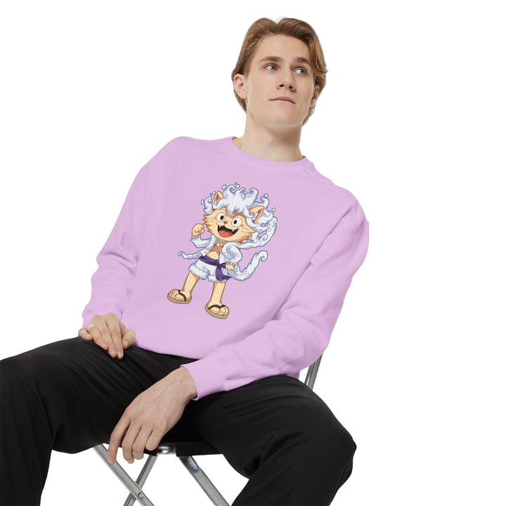 Cute Cat Character Sweatshirt Featuring a Whimsical Feline in a Cheerful Anime Inspired Pose for Fans of Unique Graphics Animal Lover Apparel Fun Fashion Casual Wear