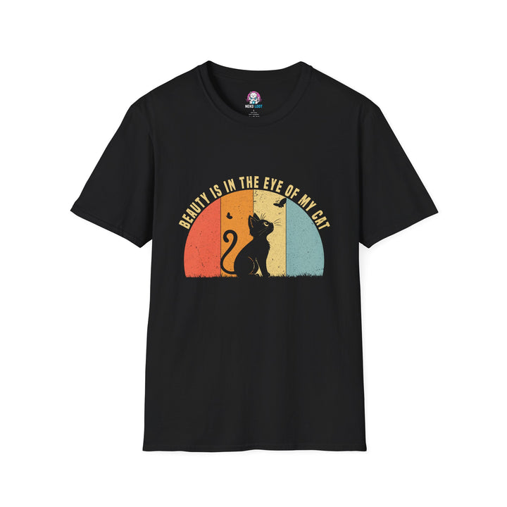 Black T-shirt featuring two cat silhouettes in a sunset with Beauty Is in the Eye of My Cat lettering.
