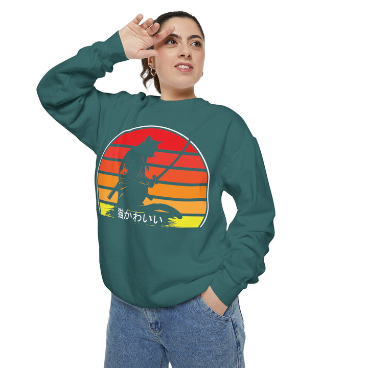 Sunset Samurai Sweatshirt | Cozy Unisex Garment-Dyed Pullover, Gift for Anime Lovers, Japanese Aesthetic Apparel, Fall Fashion, Casual Wear