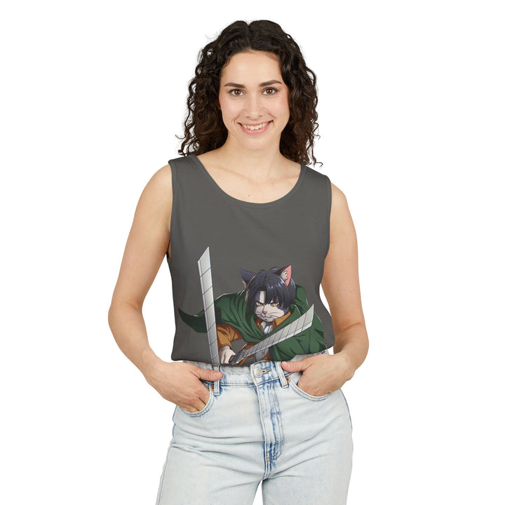 Anime Cat Warrior Tank Top, Unisex Graphic Tee, Cute Anime Apparel, Summer Fashion, Gift for Anime Fans