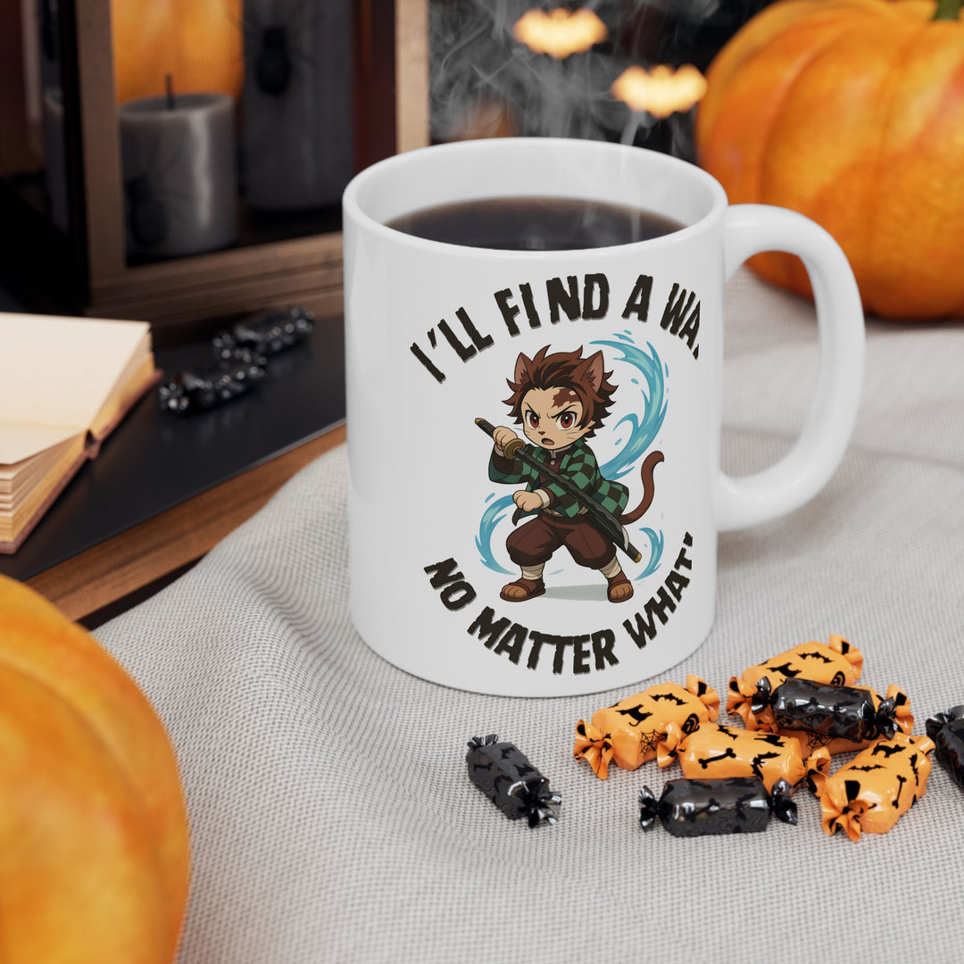 Motivational Ceramic Mug with an Anime-Inspired Cat Demon Slayer and the Slogan I'll Find a Way No Matter What Cute Coffee Mug Inspirational Drinkware Gift for Students Funny Character Mug