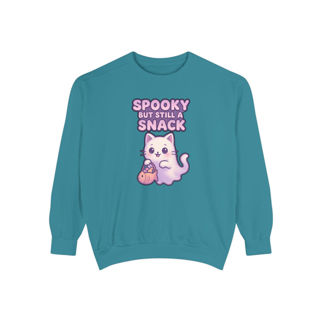 Spooky Snack Sweatshirt Featuring a Cute Ghost Cat Holding a Candy Basket with a Humorous Slogan
