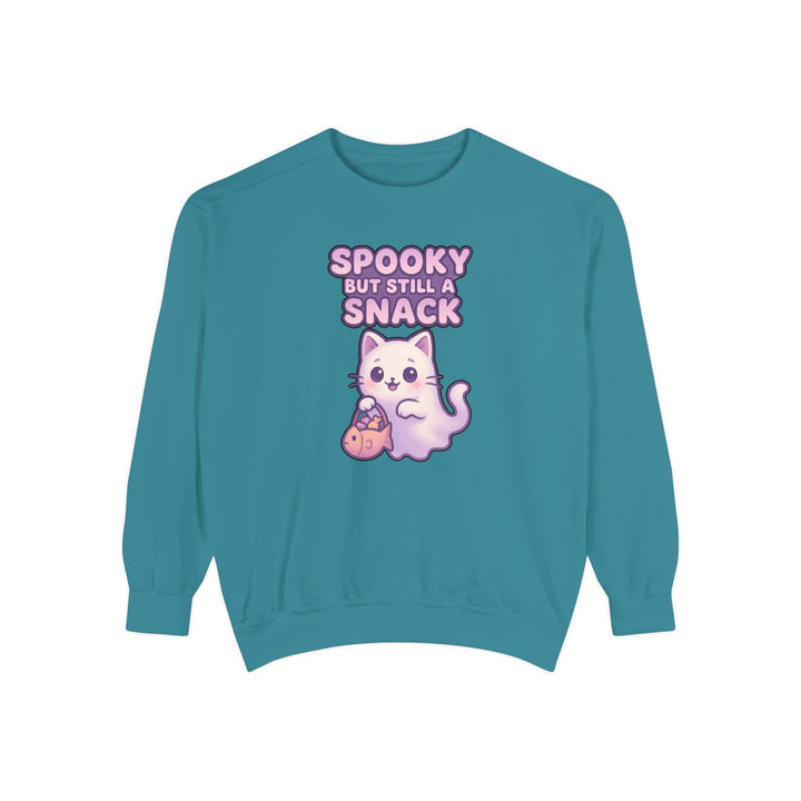 Spooky Snack Sweatshirt Featuring a Cute Ghost Cat Holding a Candy Basket with a Humorous Slogan