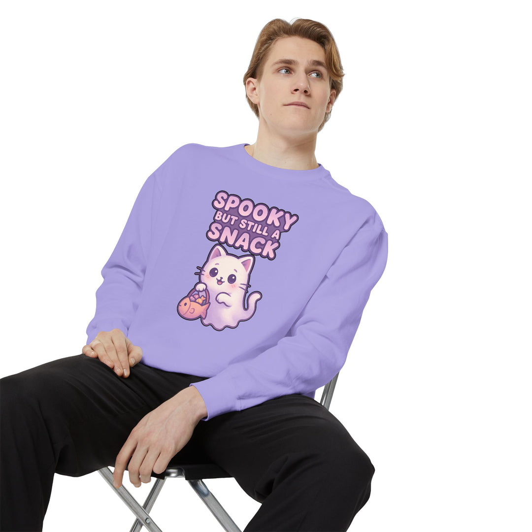 Spooky Snack Sweatshirt Featuring a Cute Ghost Cat Holding a Candy Basket with a Humorous Slogan