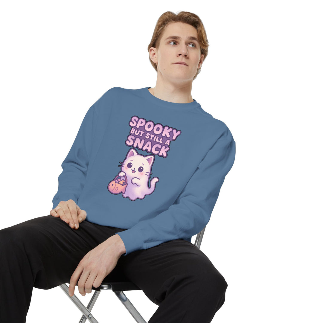 Spooky Snack Sweatshirt Featuring a Cute Ghost Cat Holding a Candy Basket with a Humorous Slogan