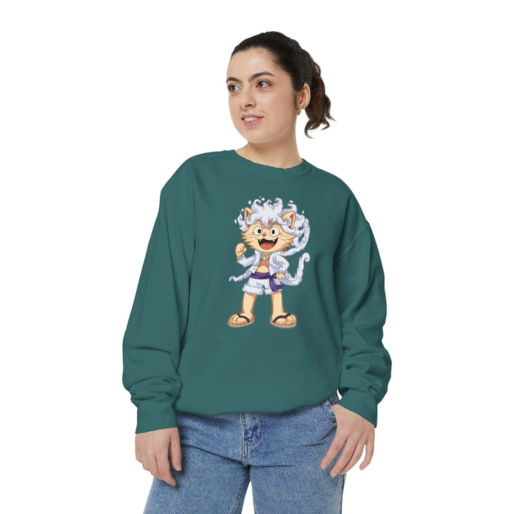 Cute Cat Character Sweatshirt Featuring a Whimsical Feline in a Cheerful Anime Inspired Pose for Fans of Unique Graphics Animal Lover Apparel Fun Fashion Casual Wear