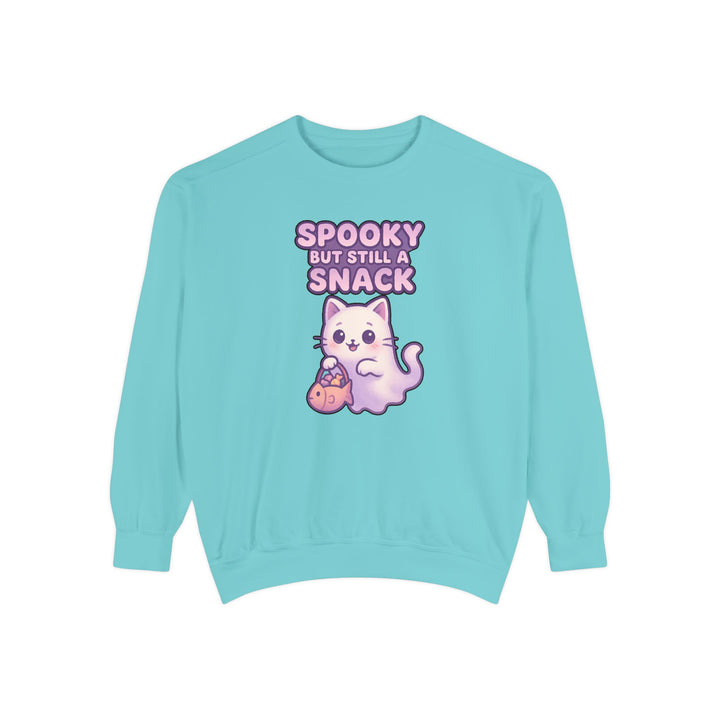 Spooky Snack Sweatshirt Featuring a Cute Ghost Cat Holding a Candy Basket with a Humorous Slogan