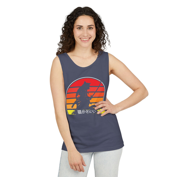 Sunset Cat Tank Top, Unisex Summer Top, Beachwear, Casual Workout Shirt, Gift for Cat Lovers